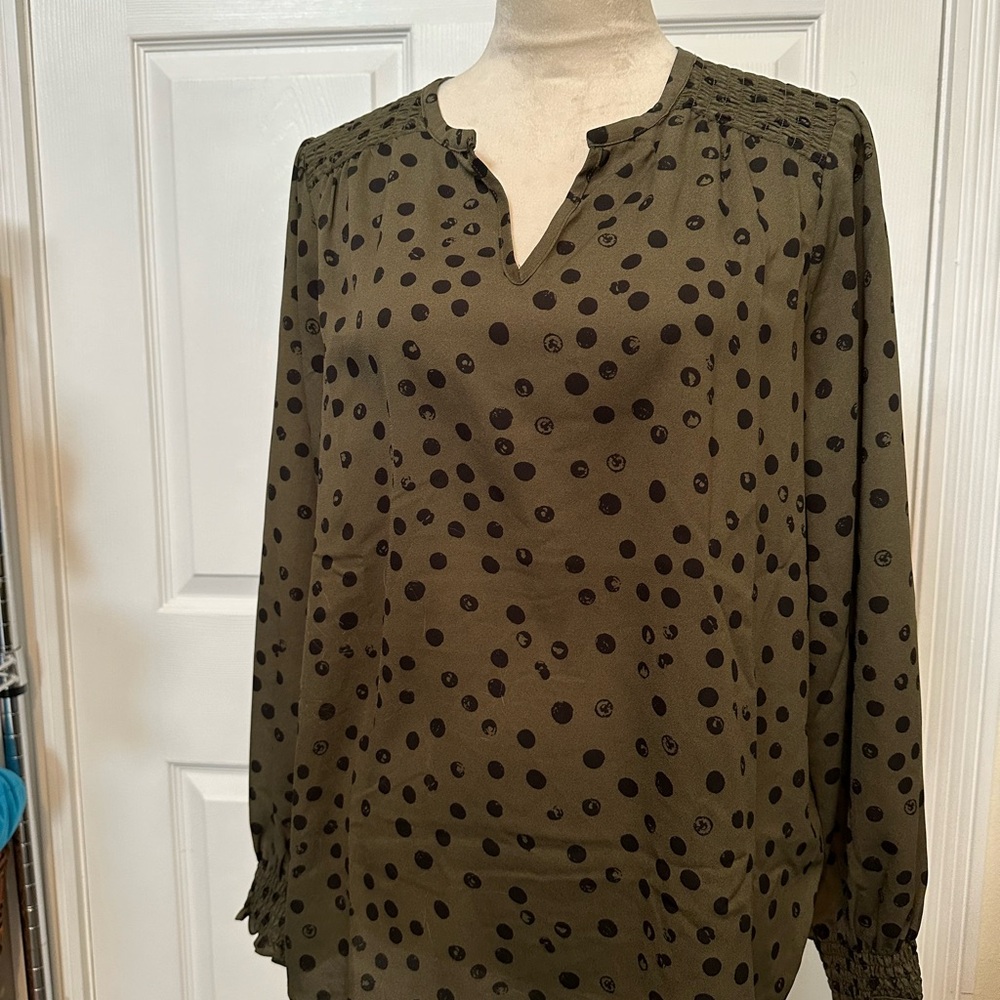 Belle by Kim Gravel Olive and Black Polka Dot Blouse